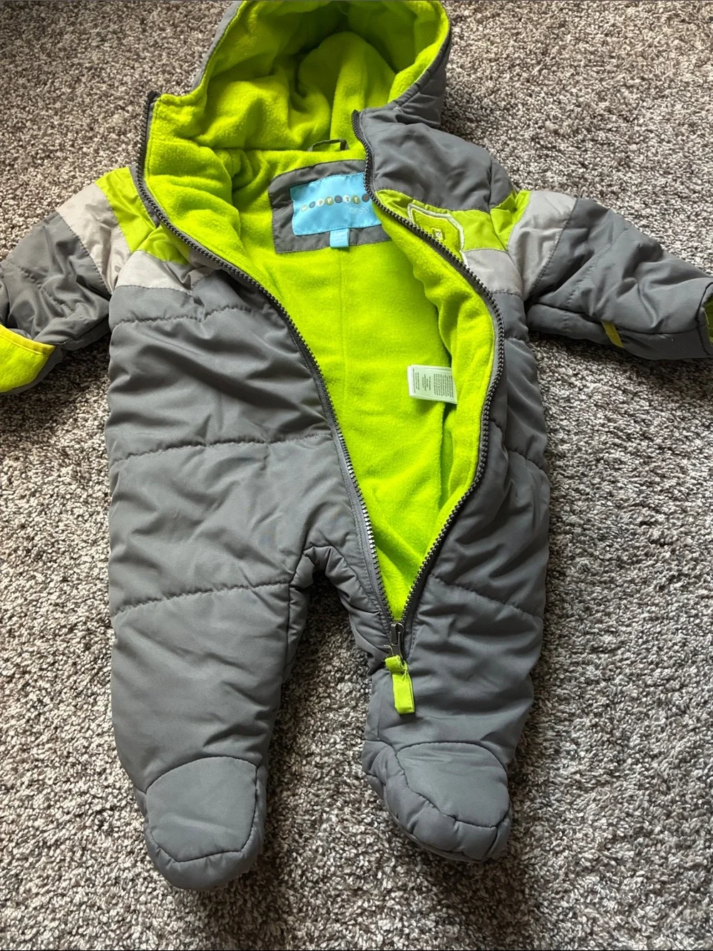 Infant Gray & Lime Puffer One-Piece Snowsuit